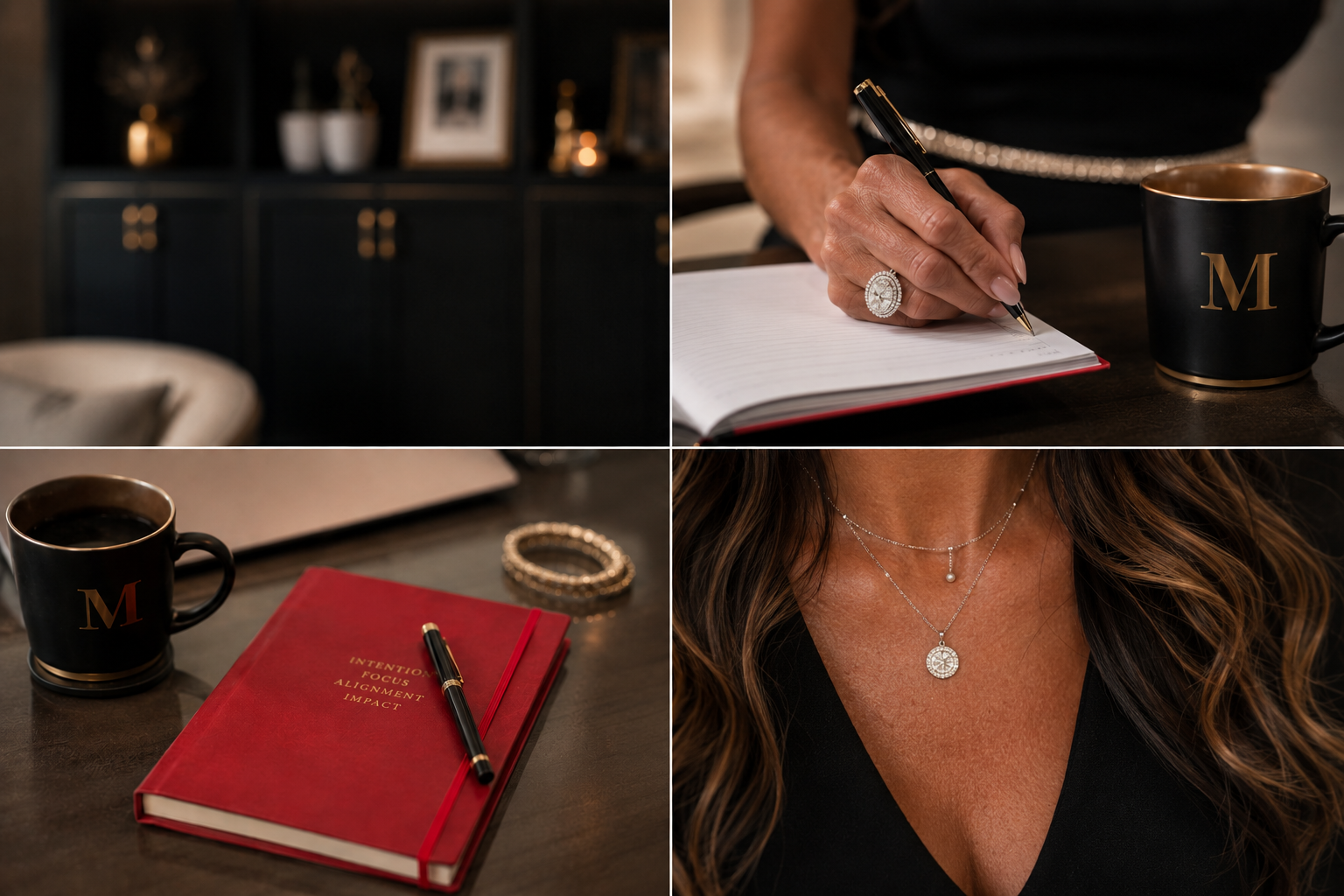 Details from Madeline Ricci’s desk: a red notebook marked intention, focus, alignment, impact, a monogrammed mug, and a fountain pen mid-note