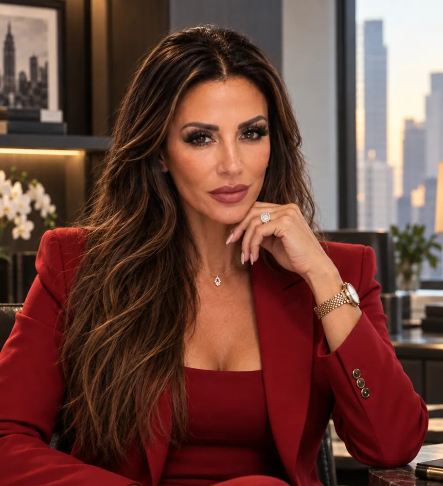 Madeline Ricci in a red suit, seated at her desk.