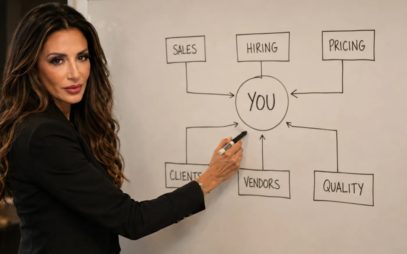 Madeline Ricci at a whiteboard, drawing six business functions all pointing into a single circle labelled YOU.